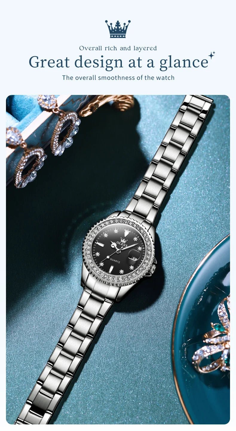 OLEVS Luxury Brand Quartz Watch for Women Steel Strap Waterproof Date Luminous Ladies Wristwatch Diamond Bezel Woman Watch 9945 - VibraStore