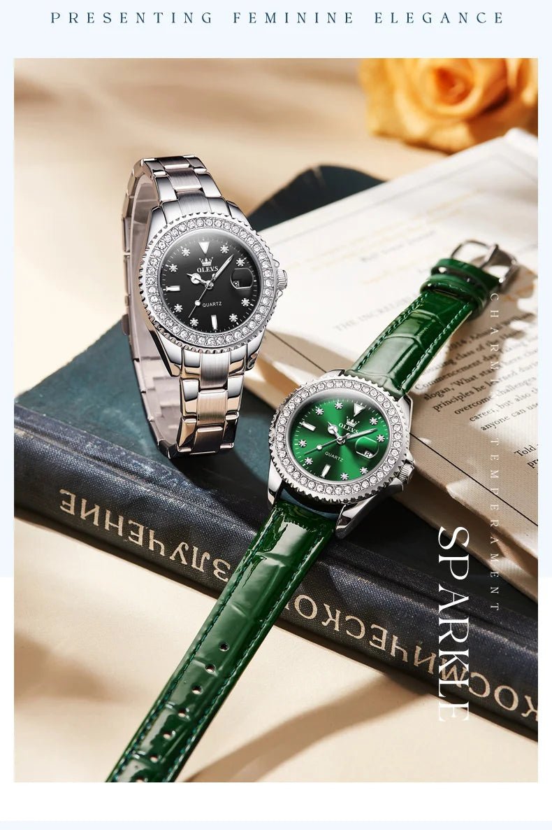 OLEVS Luxury Brand Quartz Watch for Women Steel Strap Waterproof Date Luminous Ladies Wristwatch Diamond Bezel Woman Watch 9945 - VibraStore