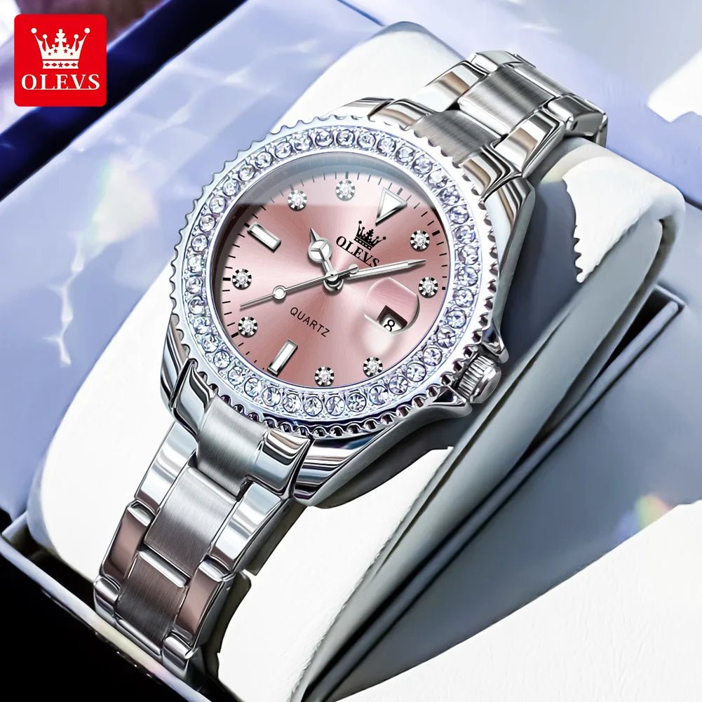 OLEVS Luxury Brand Quartz Watch for Women Steel Strap Waterproof Date Luminous Ladies Wristwatch Diamond Bezel Woman Watch 9945 - VibraStore