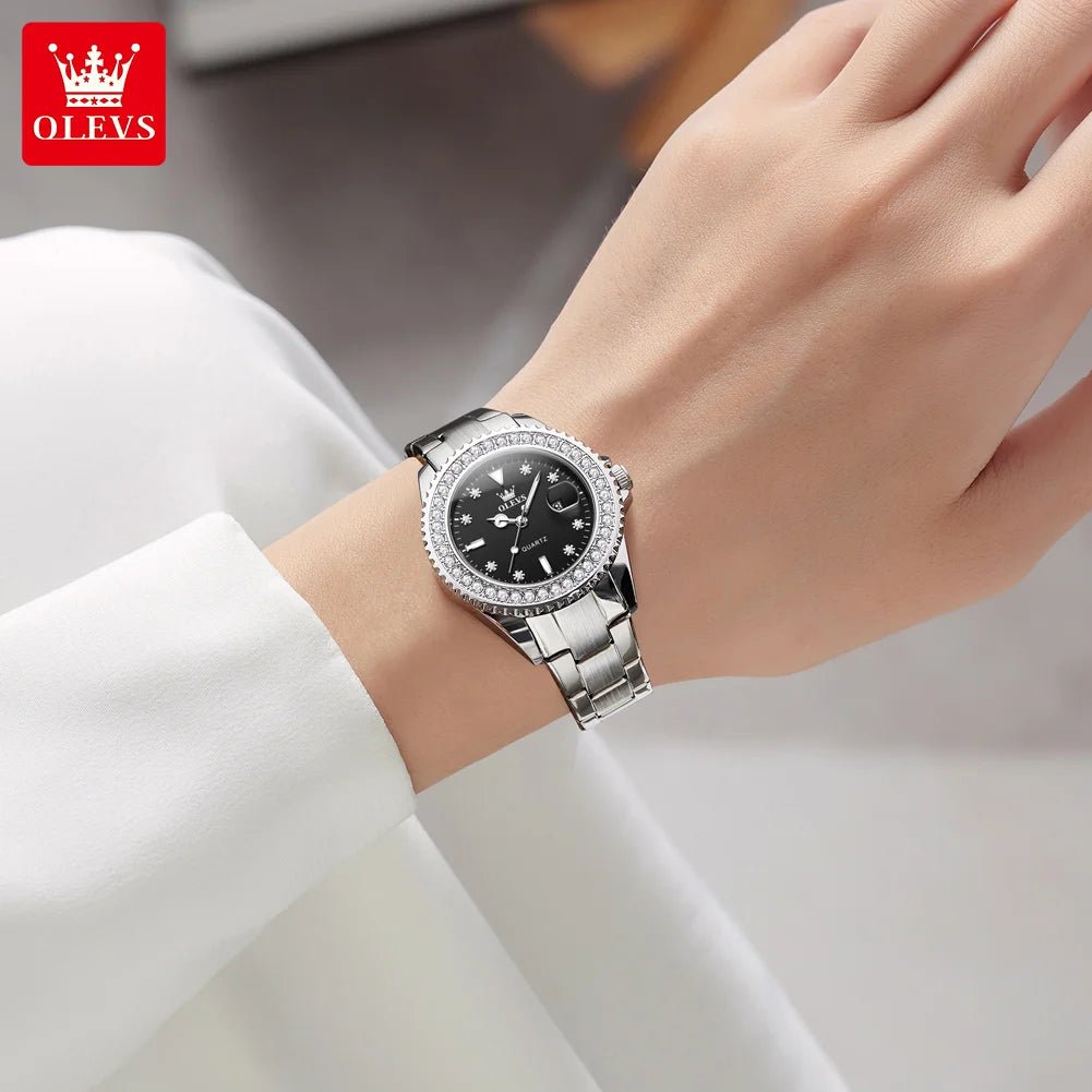 OLEVS Luxury Brand Quartz Watch for Women Steel Strap Waterproof Date Luminous Ladies Wristwatch Diamond Bezel Woman Watch 9945 - VibraStore