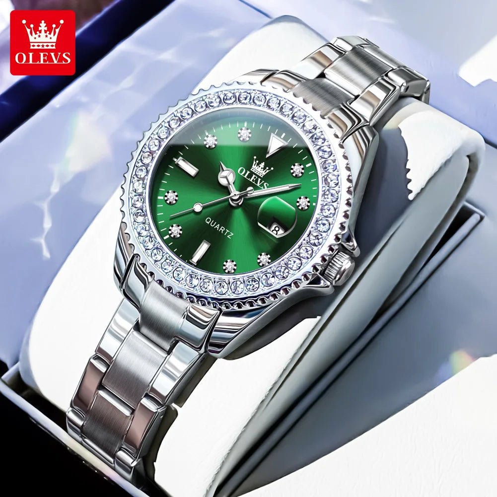 OLEVS Luxury Brand Quartz Watch for Women Steel Strap Waterproof Date Luminous Ladies Wristwatch Diamond Bezel Woman Watch 9945 - VibraStore