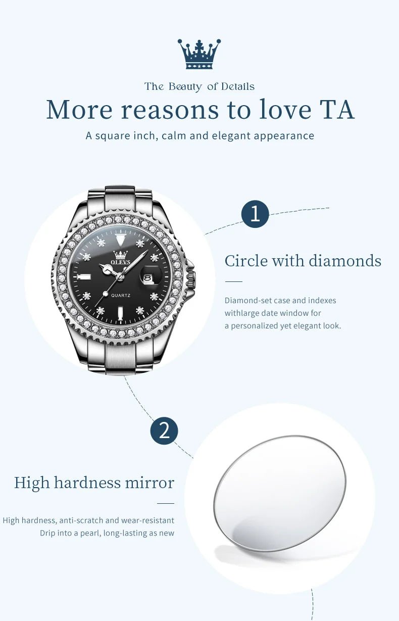 OLEVS Luxury Brand Quartz Watch for Women Steel Strap Waterproof Date Luminous Ladies Wristwatch Diamond Bezel Woman Watch 9945 - VibraStore