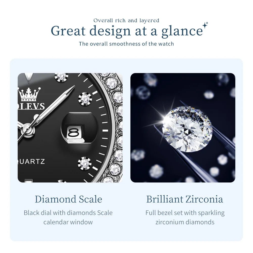 OLEVS Luxury Brand Quartz Watch for Women Steel Strap Waterproof Date Luminous Ladies Wristwatch Diamond Bezel Woman Watch 9945 - VibraStore