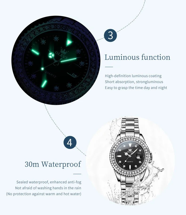 OLEVS Luxury Brand Quartz Watch for Women Steel Strap Waterproof Date Luminous Ladies Wristwatch Diamond Bezel Woman Watch 9945 - VibraStore