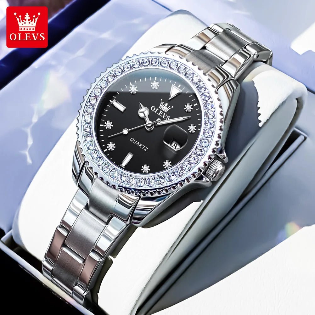 OLEVS Luxury Brand Quartz Watch for Women Steel Strap Waterproof Date Luminous Ladies Wristwatch Diamond Bezel Woman Watch 9945 - VibraStore