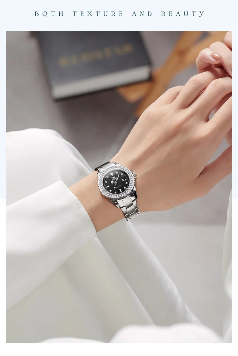 OLEVS Luxury Brand Quartz Watch for Women Steel Strap Waterproof Date Luminous Ladies Wristwatch Diamond Bezel Woman Watch 9945 - VibraStore