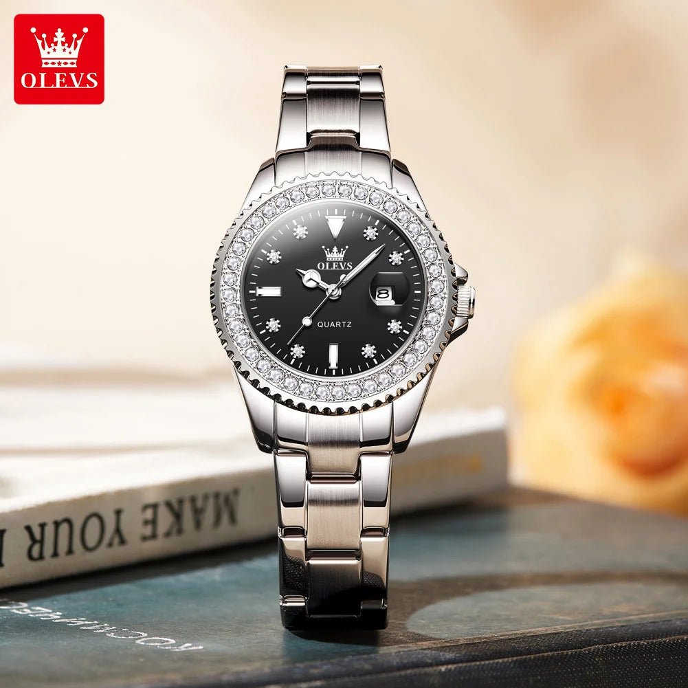 OLEVS Luxury Brand Quartz Watch for Women Steel Strap Waterproof Date Luminous Ladies Wristwatch Diamond Bezel Woman Watch 9945 - VibraStore