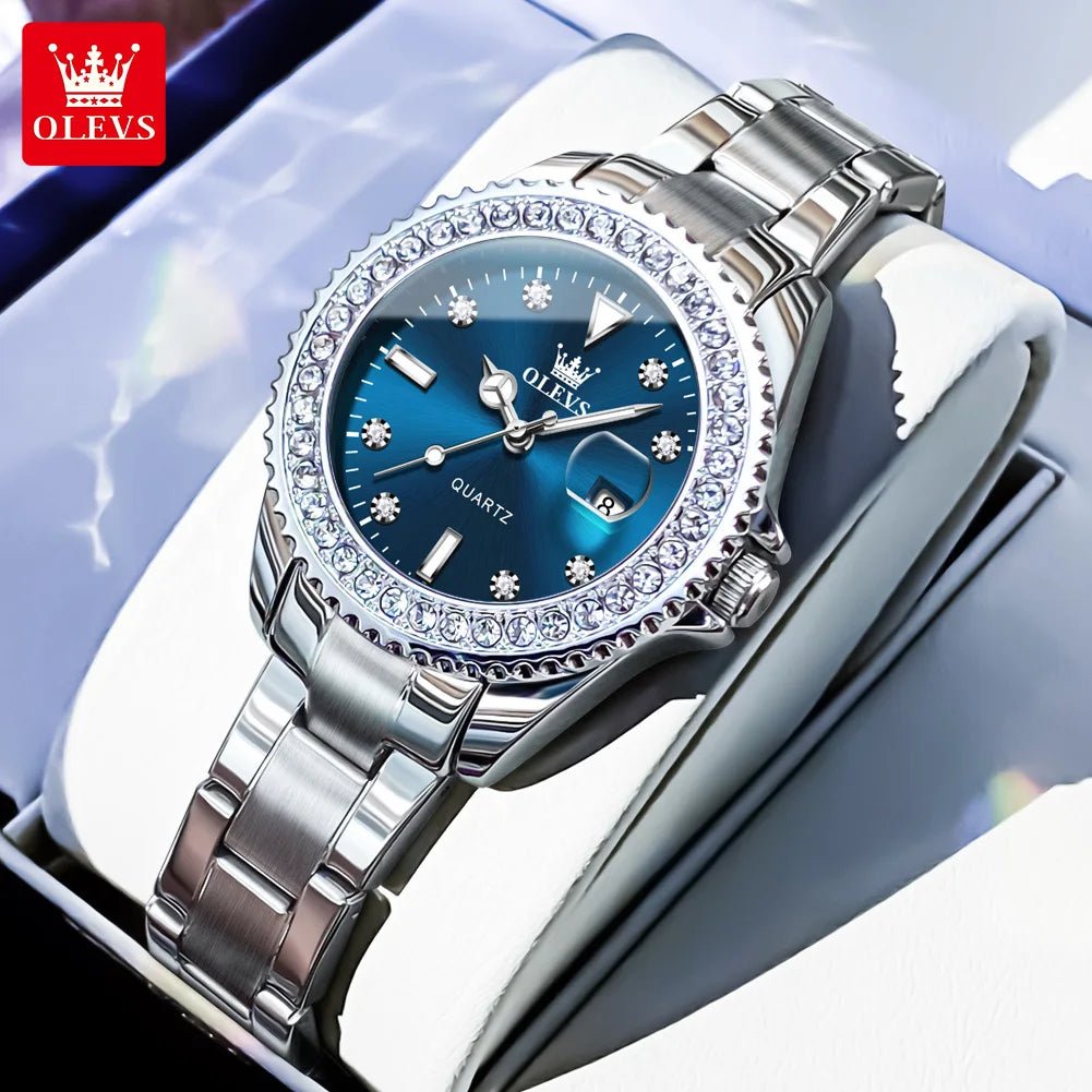 OLEVS Luxury Brand Quartz Watch for Women Steel Strap Waterproof Date Luminous Ladies Wristwatch Diamond Bezel Woman Watch 9945 - VibraStore