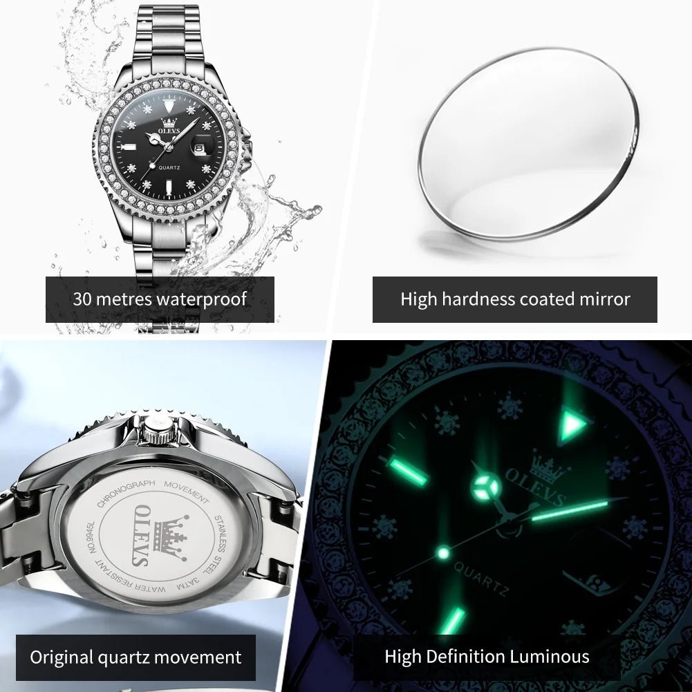 OLEVS Luxury Brand Quartz Watch for Women Steel Strap Waterproof Date Luminous Ladies Wristwatch Diamond Bezel Woman Watch 9945 - VibraStore