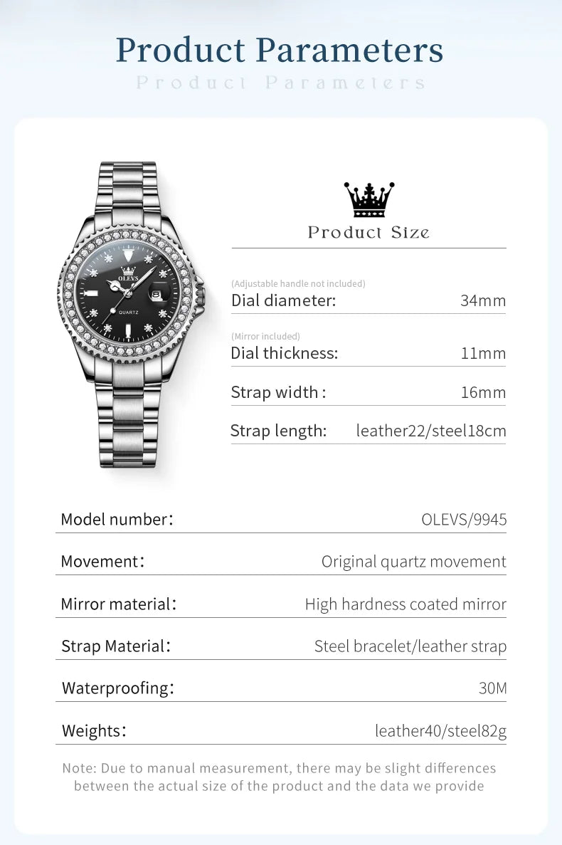 OLEVS Luxury Brand Quartz Watch for Women Steel Strap Waterproof Date Luminous Ladies Wristwatch Diamond Bezel Woman Watch 9945 - VibraStore