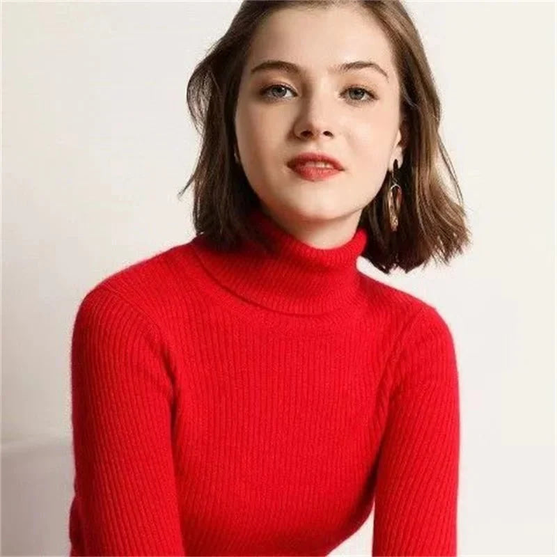 Otoño Invierno suéter grueso mujer tejido acanalado suéter de manga larga cuello alto Jersey ajustado suave cálido Pull Femme - VibraStore