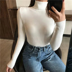 Otoño Invierno suéter grueso mujer tejido acanalado suéter de manga larga cuello alto Jersey ajustado suave cálido Pull Femme - VibraStore