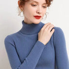 Otoño Invierno suéter grueso mujer tejido acanalado suéter de manga larga cuello alto Jersey ajustado suave cálido Pull Femme - VibraStore