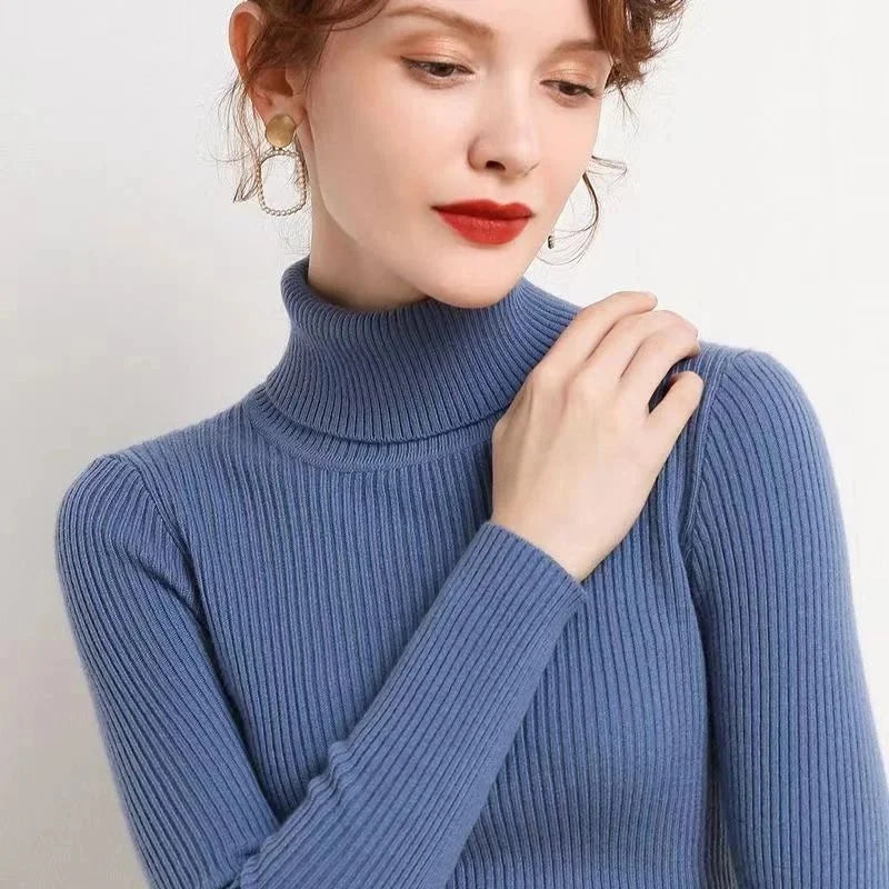 Otoño Invierno suéter grueso mujer tejido acanalado suéter de manga larga cuello alto Jersey ajustado suave cálido Pull Femme - VibraStore
