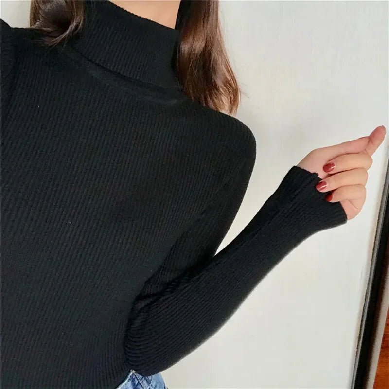 Otoño Invierno suéter grueso mujer tejido acanalado suéter de manga larga cuello alto Jersey ajustado suave cálido Pull Femme - VibraStore