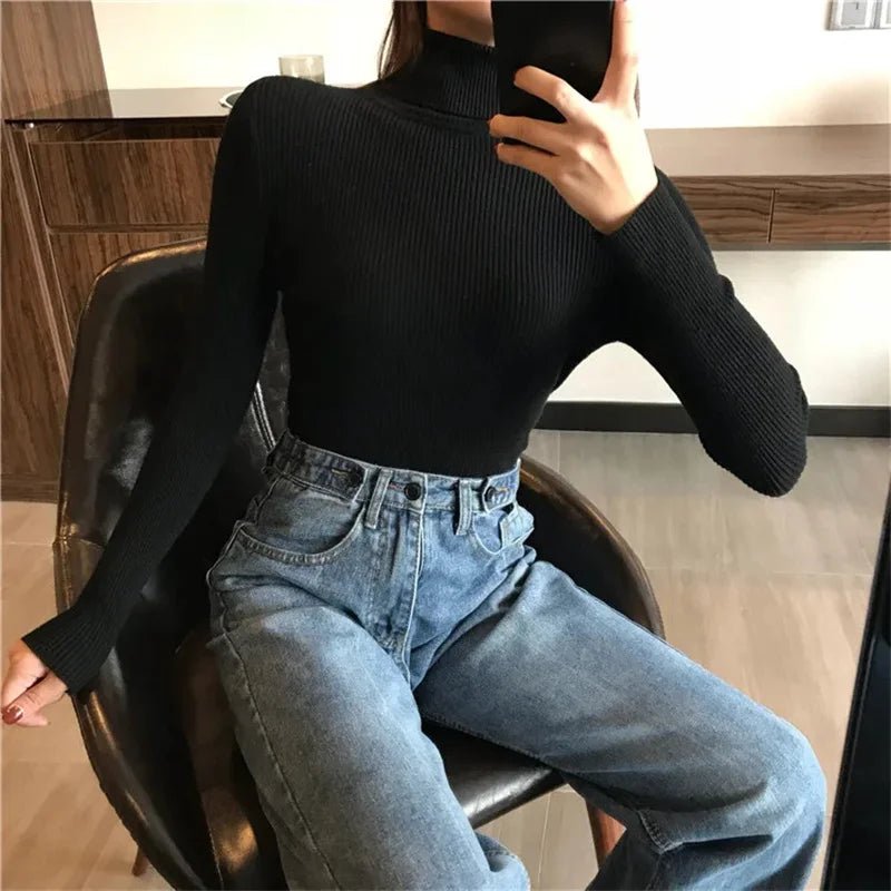 Otoño Invierno suéter grueso mujer tejido acanalado suéter de manga larga cuello alto Jersey ajustado suave cálido Pull Femme - VibraStore