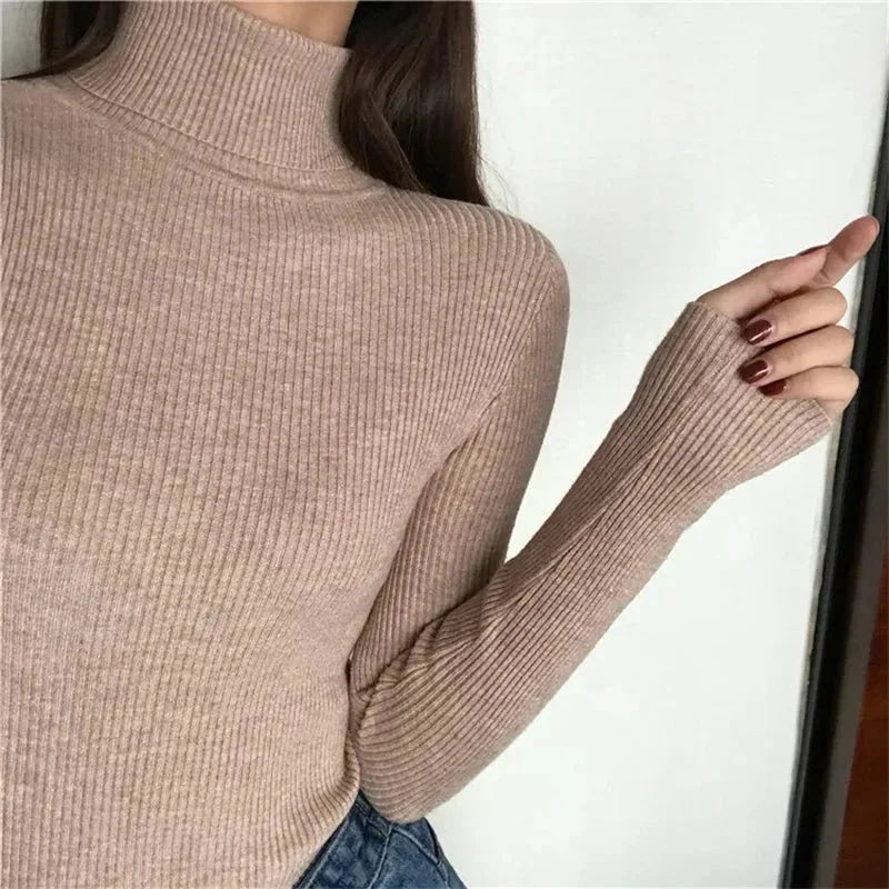 Otoño Invierno suéter grueso mujer tejido acanalado suéter de manga larga cuello alto Jersey ajustado suave cálido Pull Femme - VibraStore