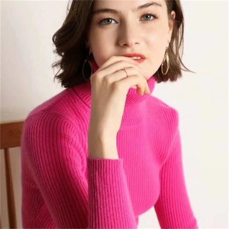 Otoño Invierno suéter grueso mujer tejido acanalado suéter de manga larga cuello alto Jersey ajustado suave cálido Pull Femme - VibraStore