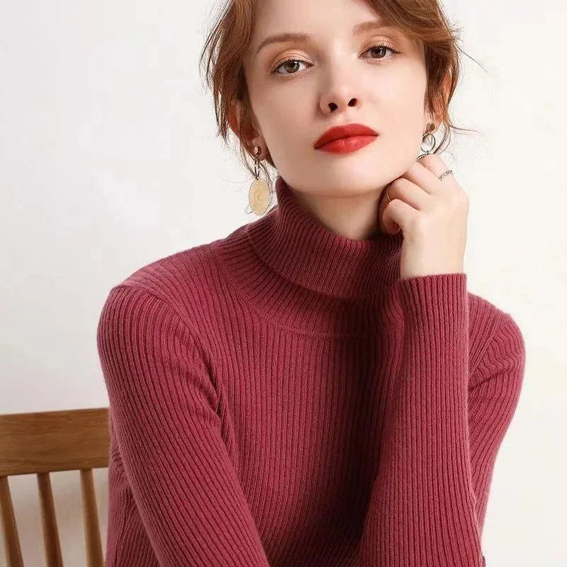 Otoño Invierno suéter grueso mujer tejido acanalado suéter de manga larga cuello alto Jersey ajustado suave cálido Pull Femme - VibraStore