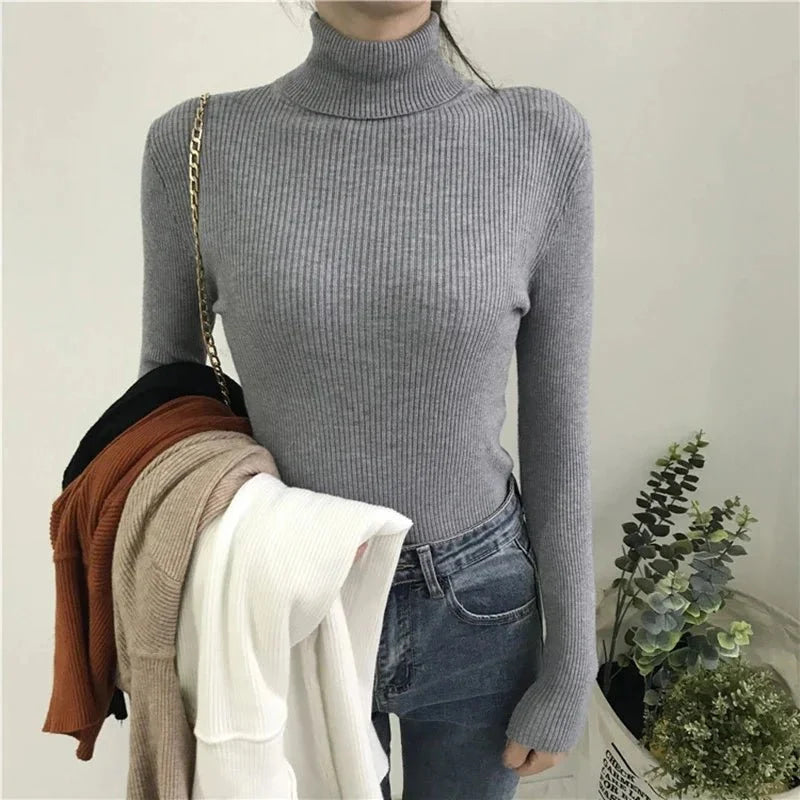 Otoño Invierno suéter grueso mujer tejido acanalado suéter de manga larga cuello alto Jersey ajustado suave cálido Pull Femme - VibraStore
