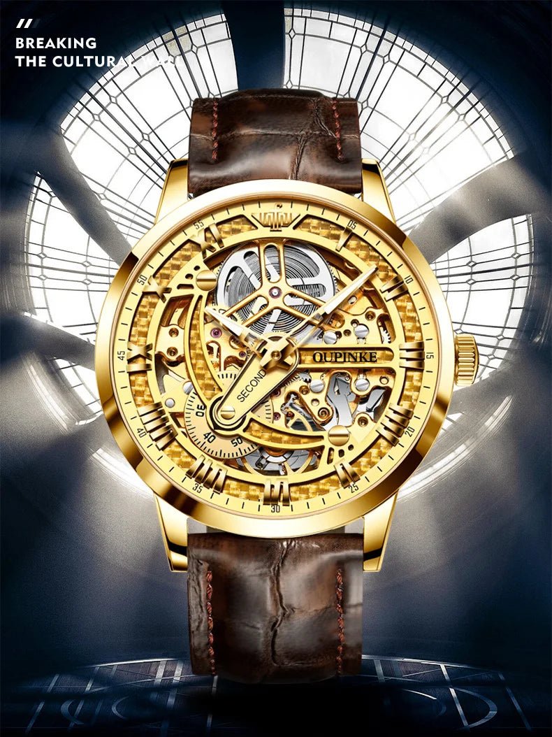 OUPINKE 3173 Luxury Automatic Mechanical Men's Watch Leather Strap 50M Waterproof Luminous Sapphire Mirror Men's Watch - VibraStore