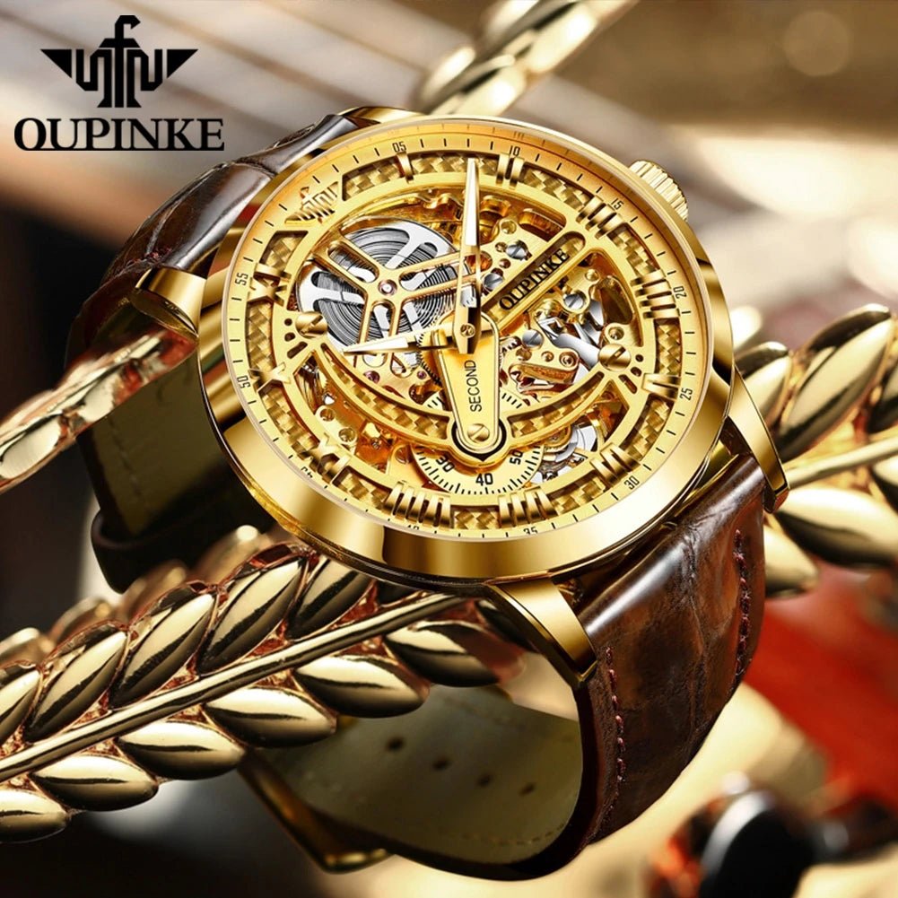OUPINKE 3173 Luxury Automatic Mechanical Men's Watch Leather Strap 50M Waterproof Luminous Sapphire Mirror Men's Watch - VibraStore