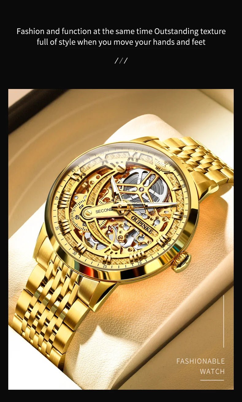 OUPINKE 3173 Luxury Automatic Mechanical Men's Watch Leather Strap 50M Waterproof Luminous Sapphire Mirror Men's Watch - VibraStore