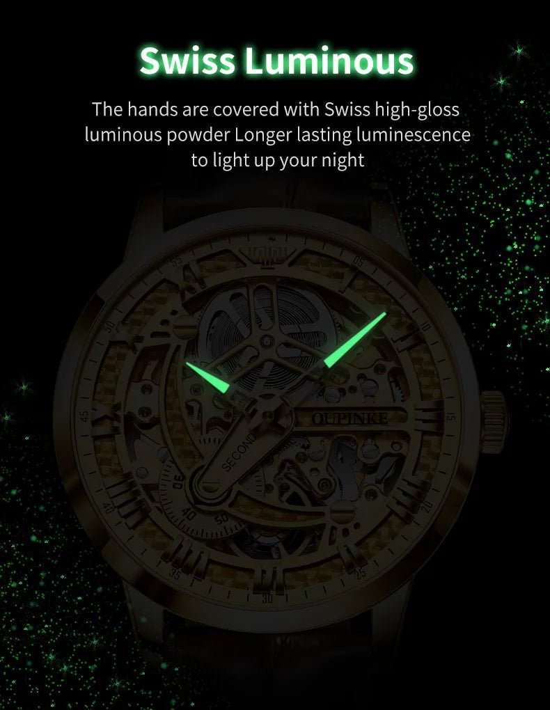 OUPINKE 3173 Luxury Automatic Mechanical Men's Watch Leather Strap 50M Waterproof Luminous Sapphire Mirror Men's Watch - VibraStore