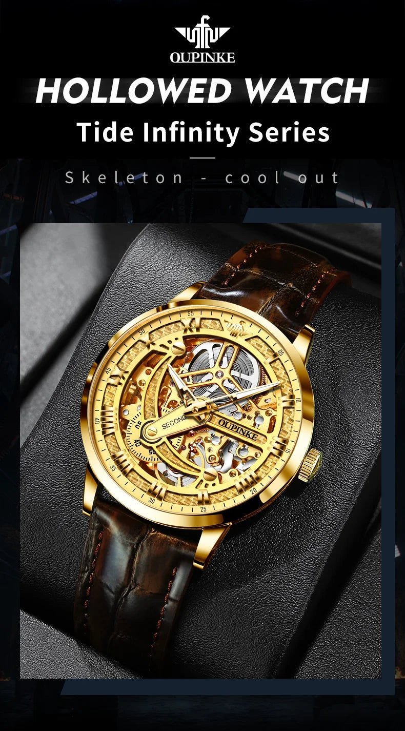 OUPINKE 3173 Luxury Automatic Mechanical Men's Watch Leather Strap 50M Waterproof Luminous Sapphire Mirror Men's Watch - VibraStore