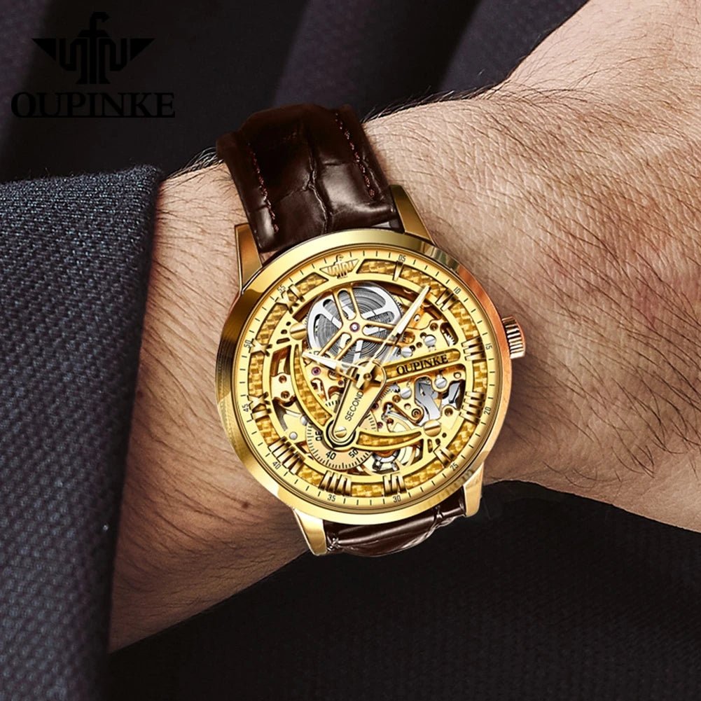 OUPINKE 3173 Luxury Automatic Mechanical Men's Watch Leather Strap 50M Waterproof Luminous Sapphire Mirror Men's Watch - VibraStore