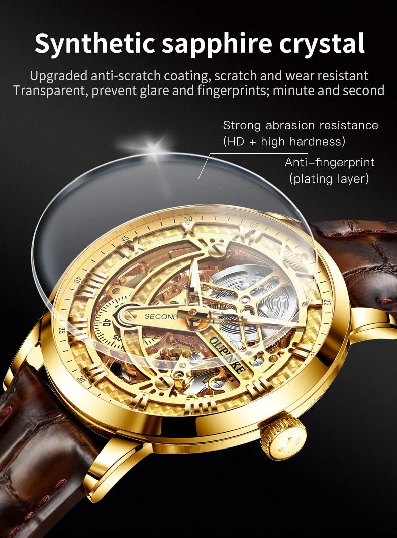 OUPINKE 3173 Luxury Automatic Mechanical Men's Watch Leather Strap 50M Waterproof Luminous Sapphire Mirror Men's Watch - VibraStore