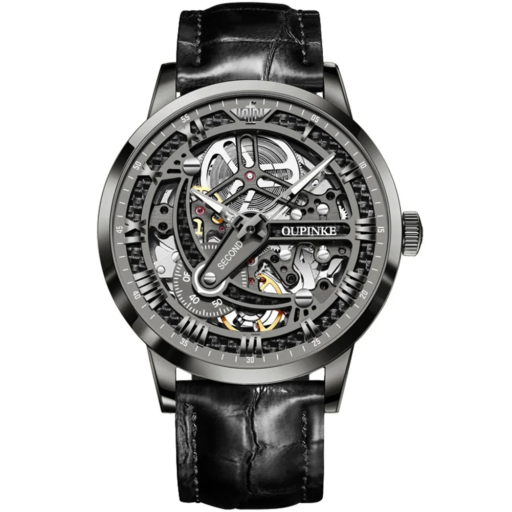 OUPINKE 3173 Luxury Automatic Mechanical Men's Watch Leather Strap 50M Waterproof Luminous Sapphire Mirror Men's Watch - VibraStore