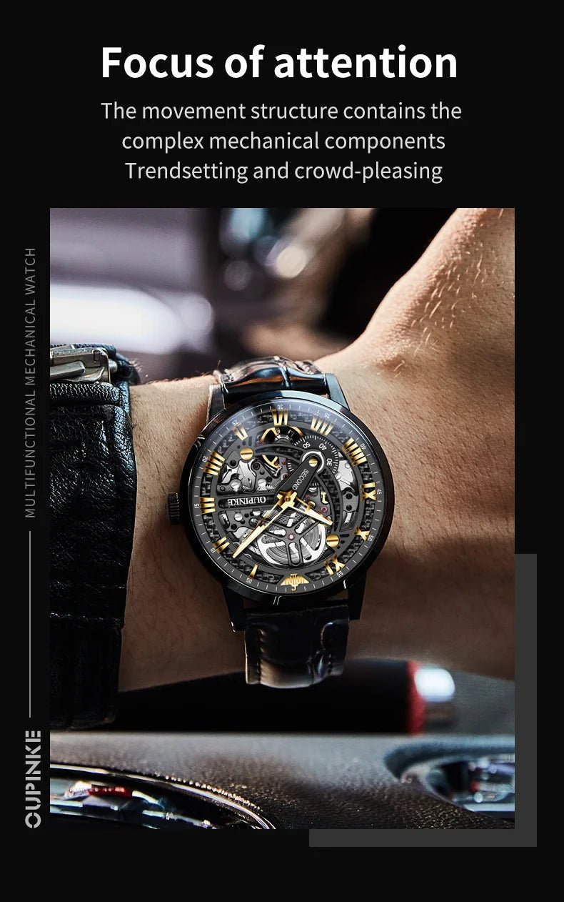 OUPINKE 3173 Luxury Automatic Mechanical Men's Watch Leather Strap 50M Waterproof Luminous Sapphire Mirror Men's Watch - VibraStore