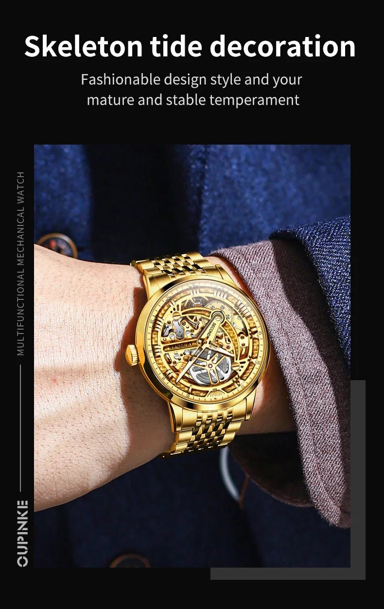 OUPINKE 3173 Luxury Automatic Mechanical Men's Watch Leather Strap 50M Waterproof Luminous Sapphire Mirror Men's Watch - VibraStore