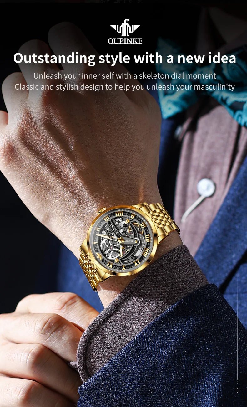 OUPINKE 3173 Luxury Automatic Mechanical Men's Watch Leather Strap 50M Waterproof Luminous Sapphire Mirror Men's Watch - VibraStore