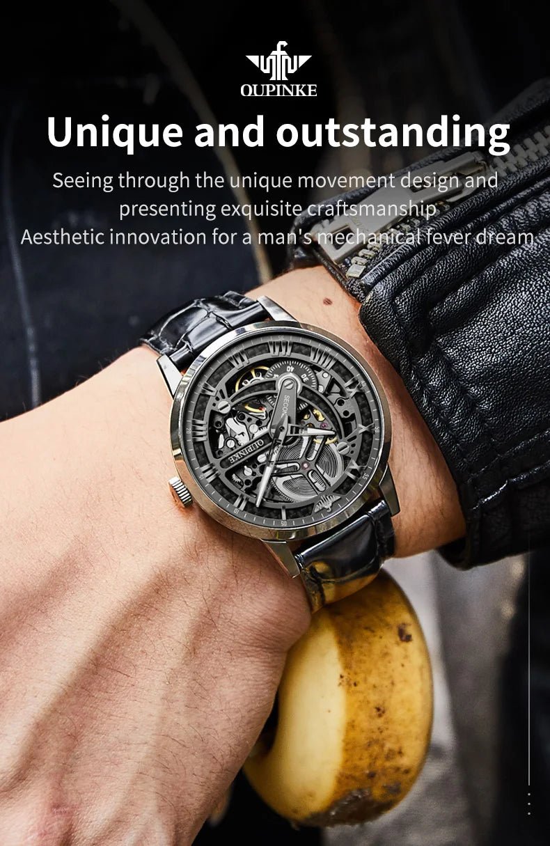OUPINKE 3173 Luxury Automatic Mechanical Men's Watch Leather Strap 50M Waterproof Luminous Sapphire Mirror Men's Watch - VibraStore