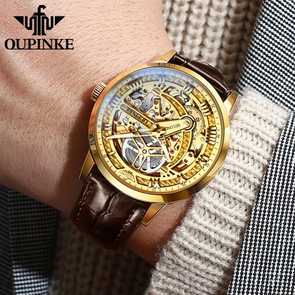 OUPINKE 3173 Luxury Automatic Mechanical Men's Watch Leather Strap 50M Waterproof Luminous Sapphire Mirror Men's Watch - VibraStore