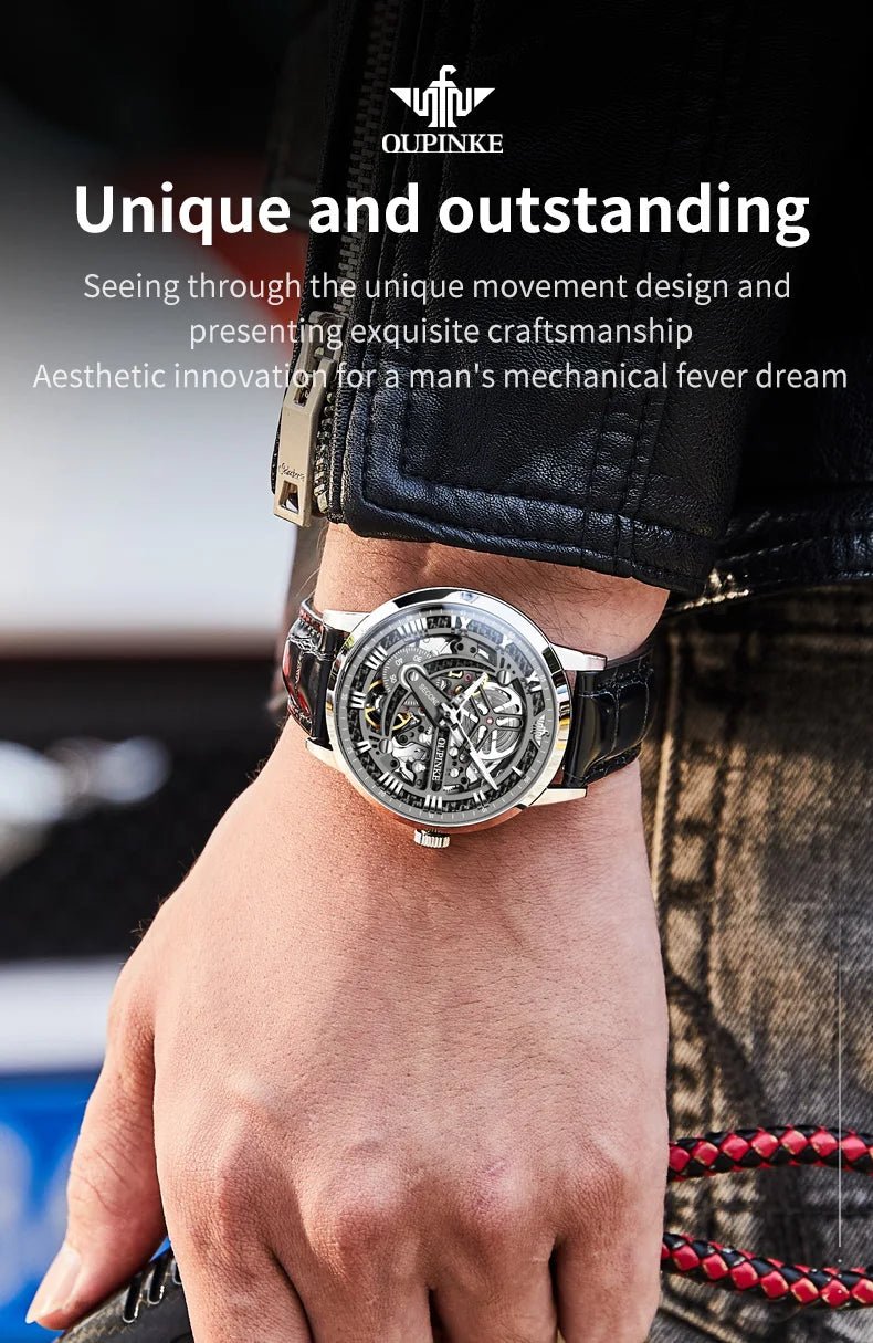 OUPINKE 3173 Luxury Automatic Mechanical Men's Watch Leather Strap 50M Waterproof Luminous Sapphire Mirror Men's Watch - VibraStore