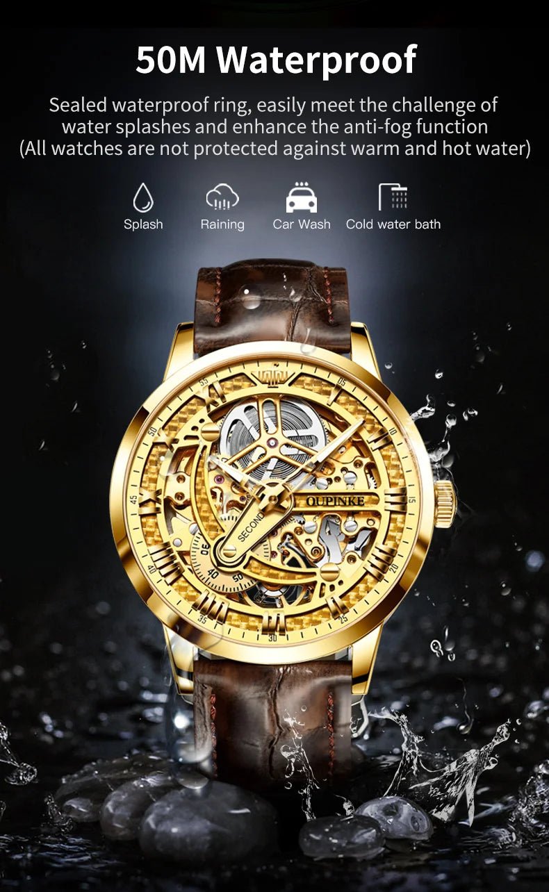 OUPINKE 3173 Luxury Automatic Mechanical Men's Watch Leather Strap 50M Waterproof Luminous Sapphire Mirror Men's Watch - VibraStore