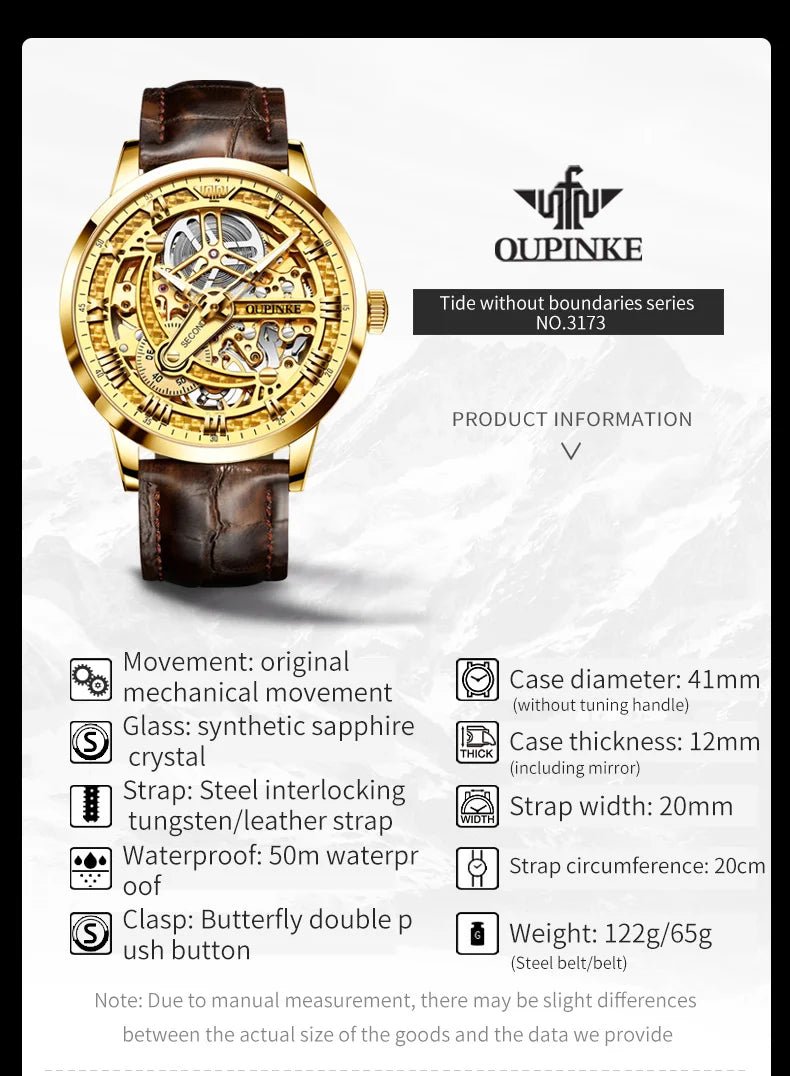 OUPINKE 3173 Luxury Automatic Mechanical Men's Watch Leather Strap 50M Waterproof Luminous Sapphire Mirror Men's Watch - VibraStore