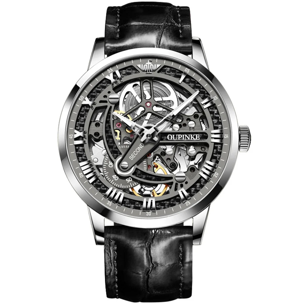 OUPINKE 3173 Luxury Automatic Mechanical Men's Watch Leather Strap 50M Waterproof Luminous Sapphire Mirror Men's Watch - VibraStore