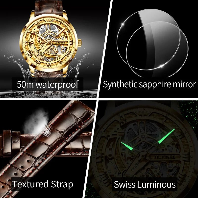OUPINKE 3173 Luxury Automatic Mechanical Men's Watch Leather Strap 50M Waterproof Luminous Sapphire Mirror Men's Watch - VibraStore