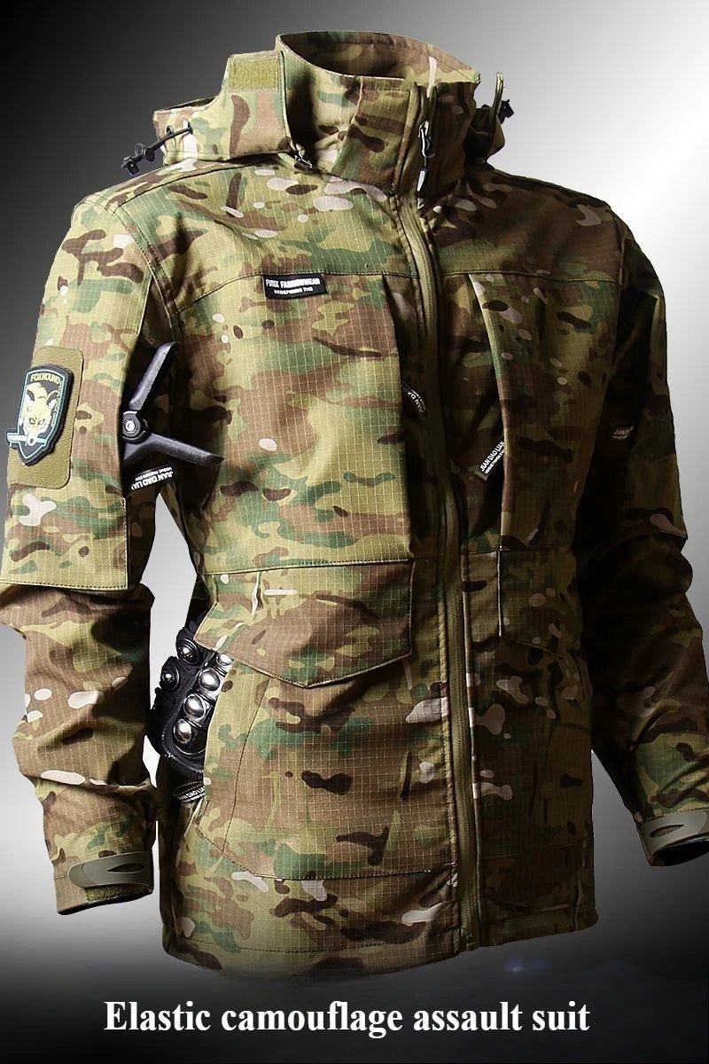 Outdoor Tactical Soft Shell Assault Suit Men Camouflage Jacket Hooded 2 - piece Spring Autumn Cycling Workwear Windproof Clothing - VibraStore