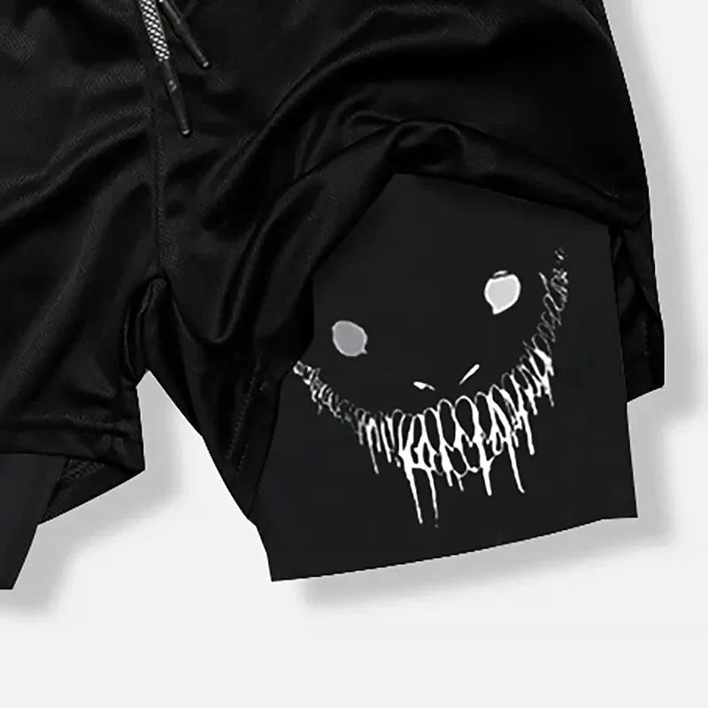 pantalones cortos ajustados de entrenamiento físico para hombres con estampado de demonio verano 2 en 1 pantalones cortos de secado rápido para correr en la playa y gimnasio ropa deportiva al aire libre - VibraStore