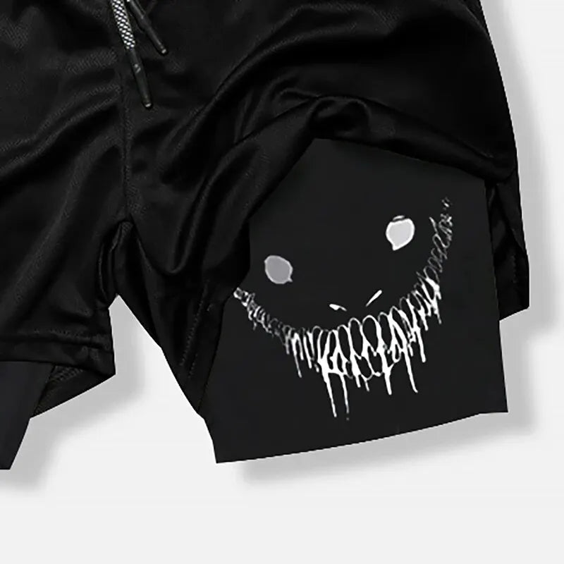 pantalones cortos ajustados de entrenamiento físico para hombres con estampado de demonio verano 2 en 1 pantalones cortos de secado rápido para correr en la playa y gimnasio ropa deportiva al aire libre - VibraStore