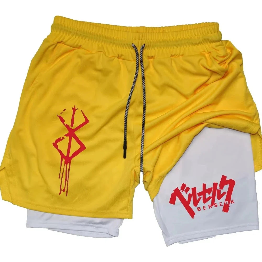 Pantalones cortos de rendimiento Anime Berserk para hombre, pantalones cortos de compresión para correr 2 en 1, entrenamiento, Yoga, gimnasio, ropa deportiva, pantalones cortos de entrenamiento con bolsillos - VibraStore