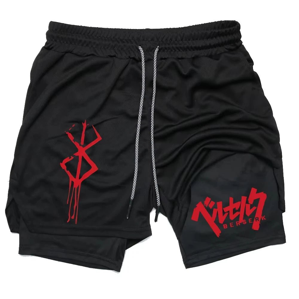 Pantalones cortos de rendimiento Anime Berserk para hombre, pantalones cortos de compresión para correr 2 en 1, entrenamiento, Yoga, gimnasio, ropa deportiva, pantalones cortos de entrenamiento con bolsillos - VibraStore