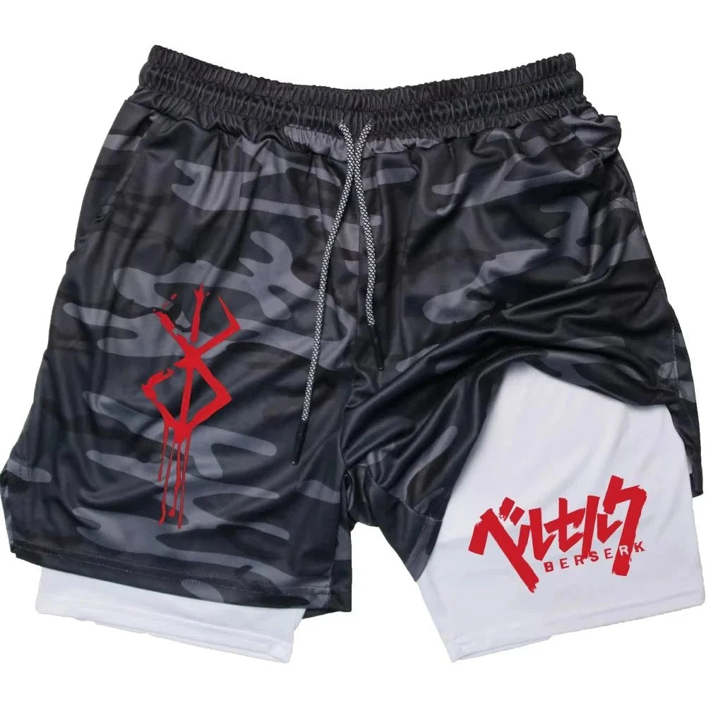 Pantalones cortos de rendimiento Anime Berserk para hombre, pantalones cortos de compresión para correr 2 en 1, entrenamiento, Yoga, gimnasio, ropa deportiva, pantalones cortos de entrenamiento con bolsillos - VibraStore
