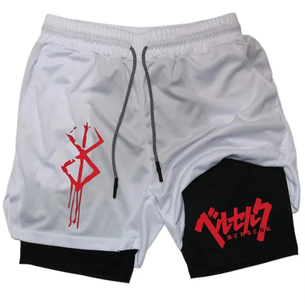 Pantalones cortos de rendimiento Anime Berserk para hombre, pantalones cortos de compresión para correr 2 en 1, entrenamiento, Yoga, gimnasio, ropa deportiva, pantalones cortos de entrenamiento con bolsillos - VibraStore
