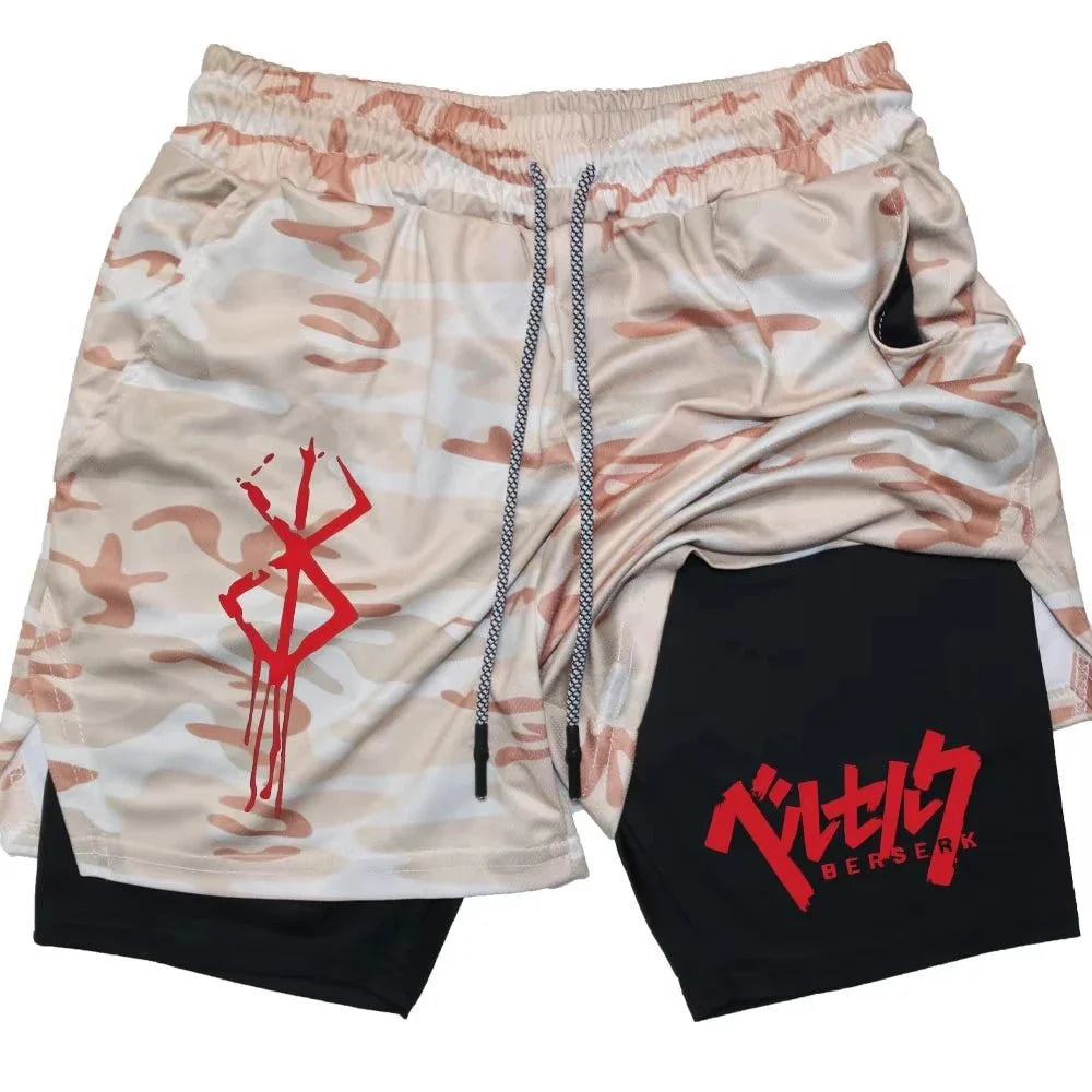 Pantalones cortos de rendimiento Anime Berserk para hombre, pantalones cortos de compresión para correr 2 en 1, entrenamiento, Yoga, gimnasio, ropa deportiva, pantalones cortos de entrenamiento con bolsillos - VibraStore